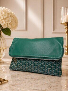 Authentic Goyard Green Zip Pouch Clutch Leather Trim Goyardine Canvas Luxury